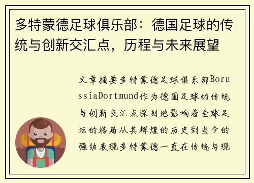 多特蒙德足球俱乐部：德国足球的传统与创新交汇点，历程与未来展望